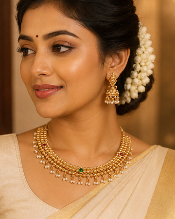 Antique Gold Granulated Star Flower Choker Necklace Set with Lakshmi Jhumkas | OL117