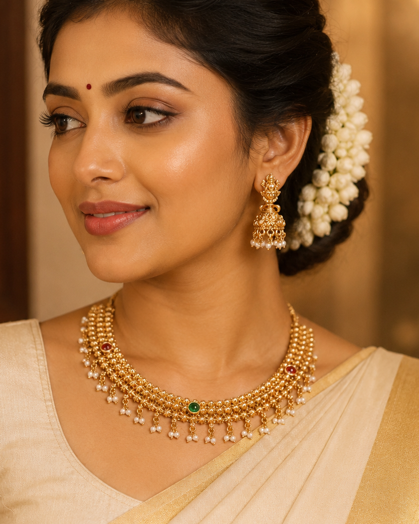 Antique Gold Granulated Star Flower Choker Necklace Set with Lakshmi Jhumkas | OL117
