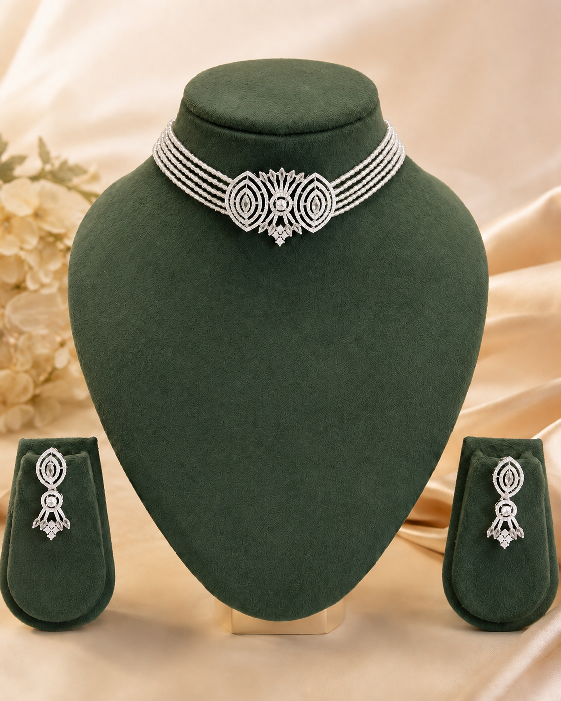 Silver Ruby Pink CZ Marquise Filigree Ruby Bead Choker Necklace Set | OLT14