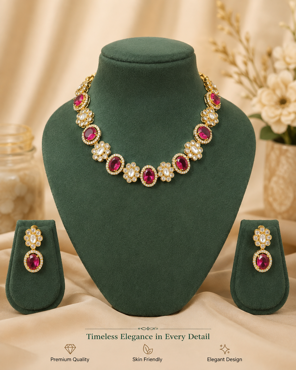 Gold Ruby Oval CZ Halo Kundan Pearl Flower Link Choker Necklace Set | OLT31