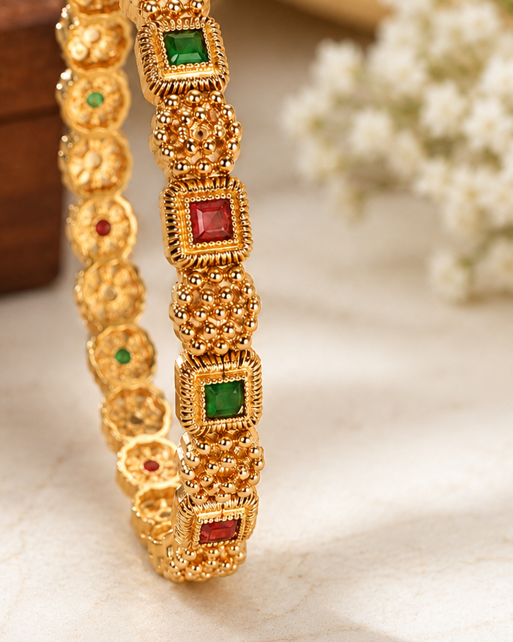 Antique Gold Ruby Emerald Square Stone Granulated Floral Bangle | LV2305
