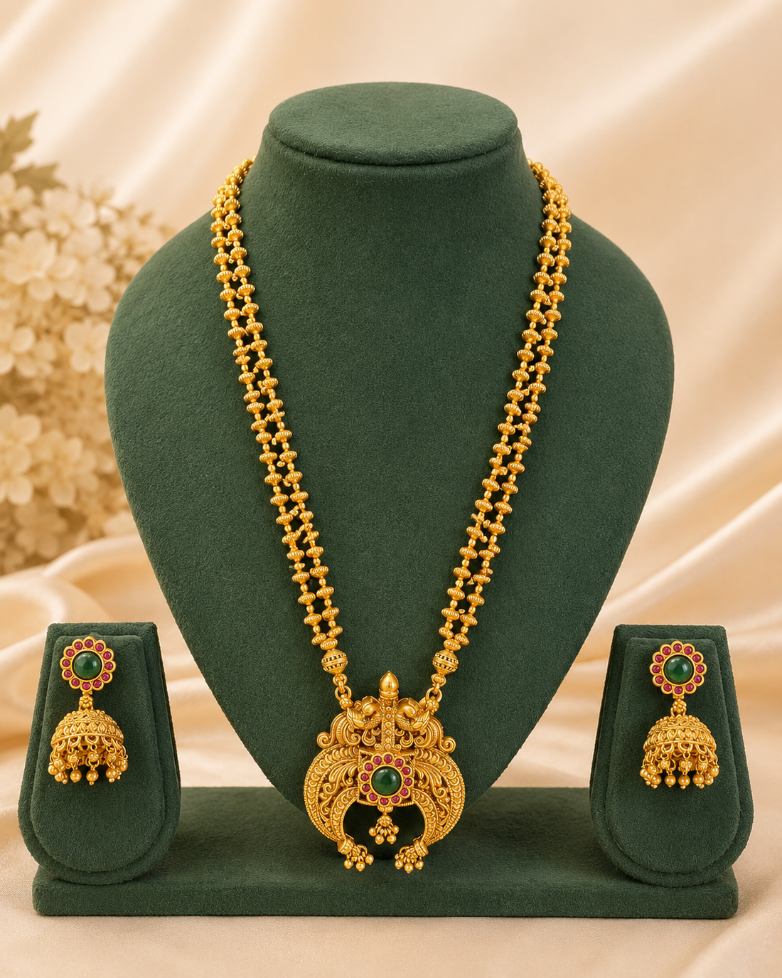 Antique Gold Nakshi Filigree Crescent Moon Pendant Long Necklace Set | ONK73