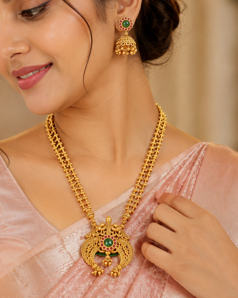 Antique Gold Nakshi Filigree Crescent Moon Pendant Long Necklace Set | ONK73