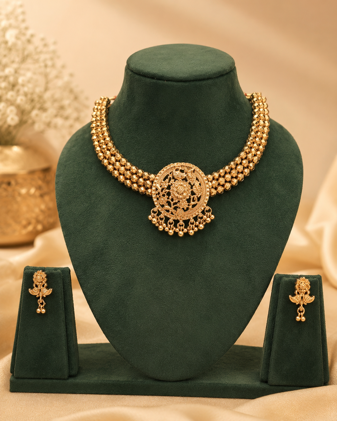 Antique Gold Nakshi Lakshmi Round Disc Pendant Necklace Set | OL206