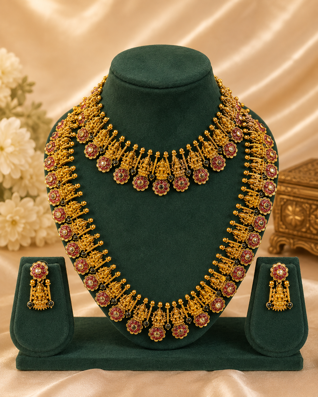 Antique Gold Goddess Lakshmi Ruby Kemp Flower Grand Necklace Set | OL275