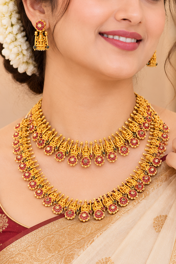 Antique Gold Goddess Lakshmi Ruby Kemp Flower Grand Necklace Set | OL275