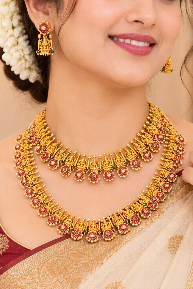 Antique Gold Goddess Lakshmi Ruby Kemp Flower Grand Necklace Set | OL275