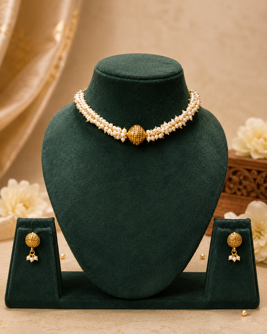 Gold Filigree Ball Seed Pearl Cluster Twisted Choker Necklace Set | OL111