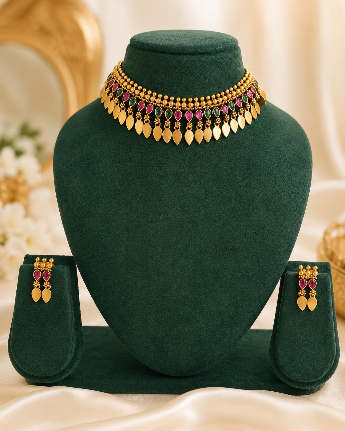 Antique Gold Ruby Emerald Teardrop Gold Leaf Choker Necklace Set | ONK71