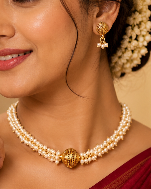 Gold Filigree Ball Seed Pearl Cluster Twisted Choker Necklace Set | OL111