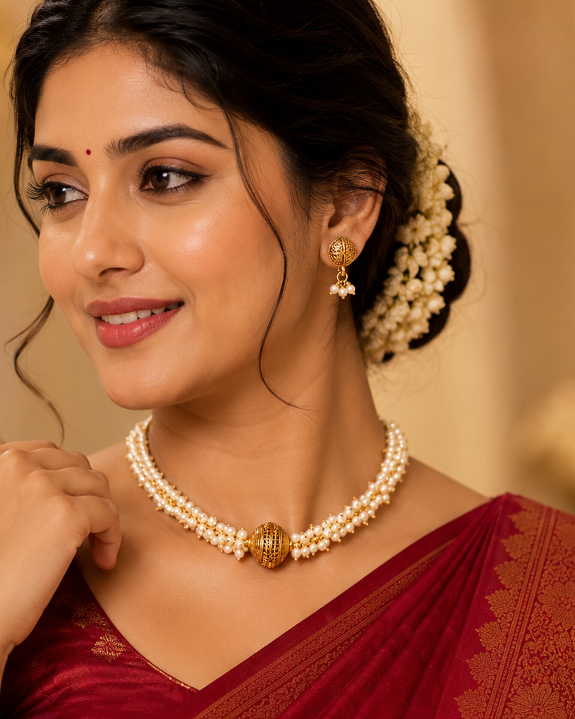 Gold Filigree Ball Seed Pearl Cluster Twisted Choker Necklace Set | OL111