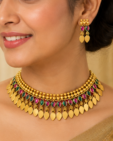 Antique Gold Ruby Emerald Teardrop Gold Leaf Choker Necklace Set | ONK71
