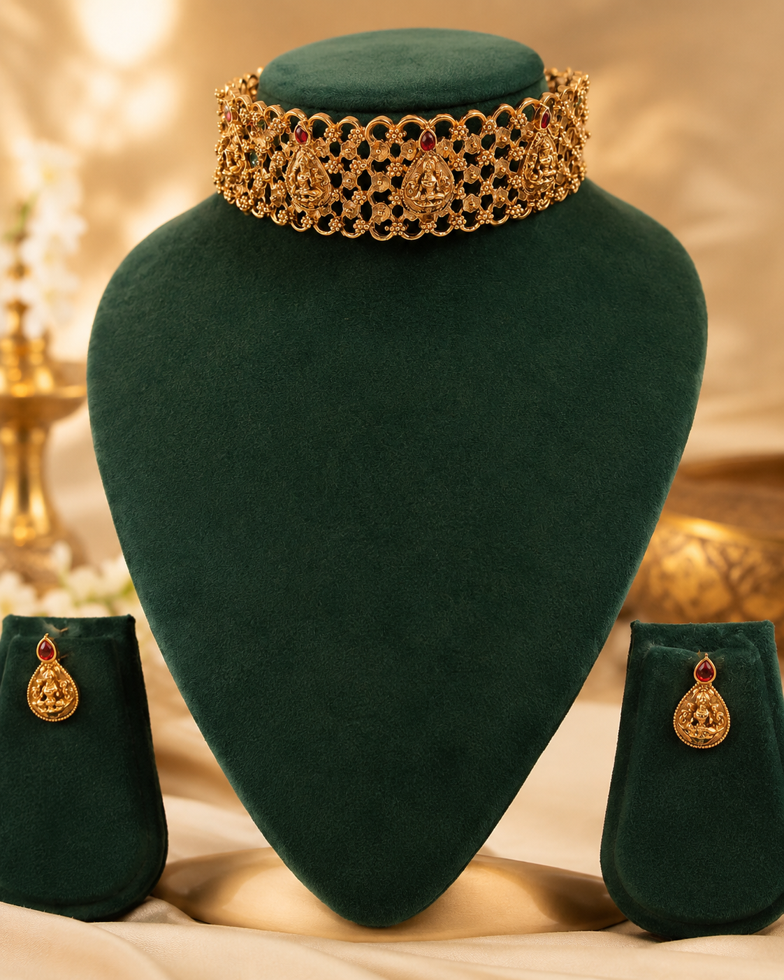 Antique Gold Nakshi Lakshmi Filigree Lattice Wide Choker Necklace Set | OL107