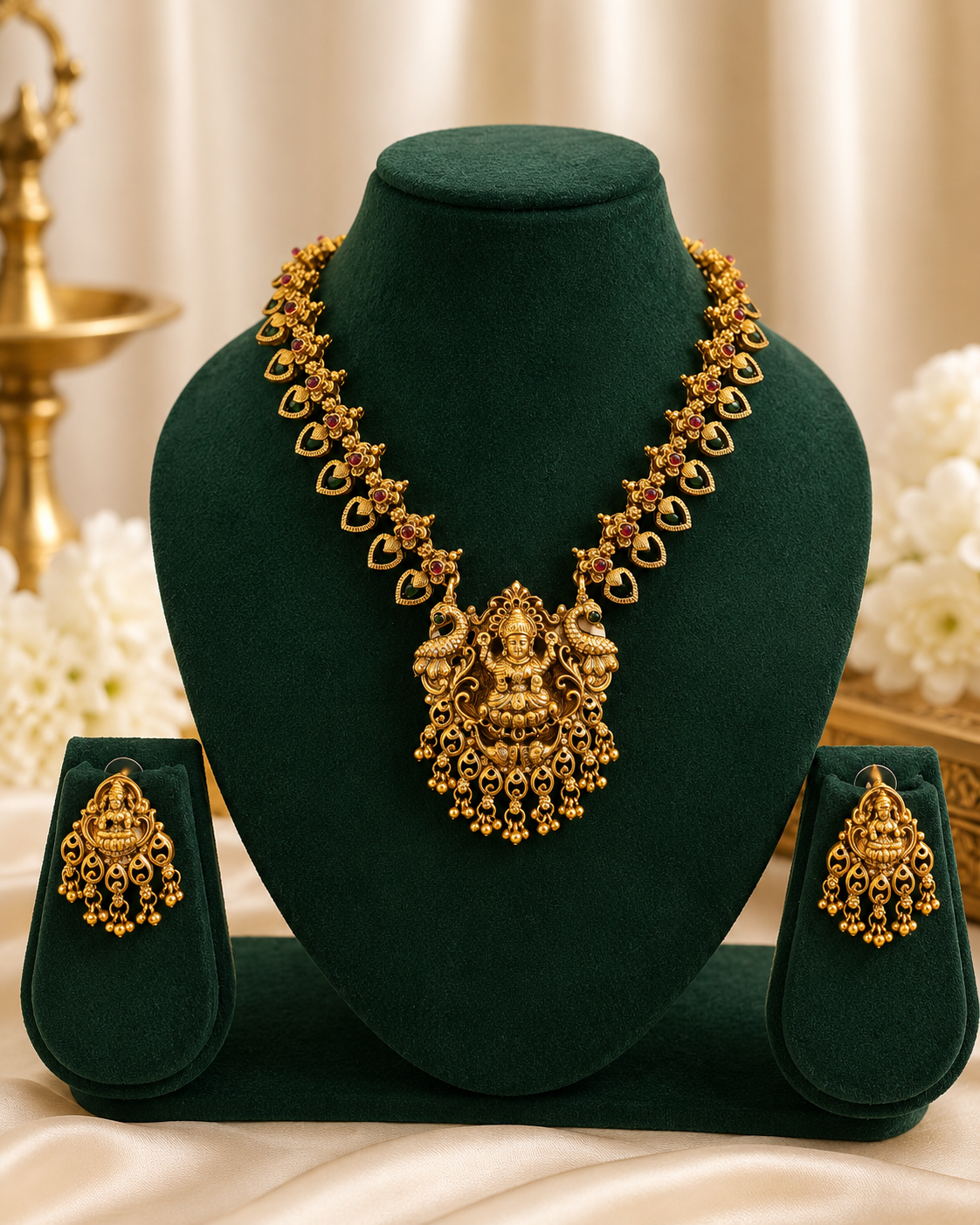 Antique Gold Goddess Lakshmi Peacock  Necklace Set | ONK86