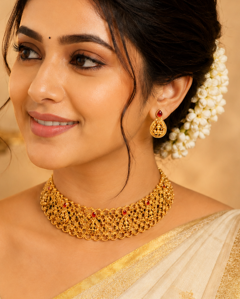 Antique Gold Nakshi Lakshmi Filigree Lattice Wide Choker Necklace Set | OL107