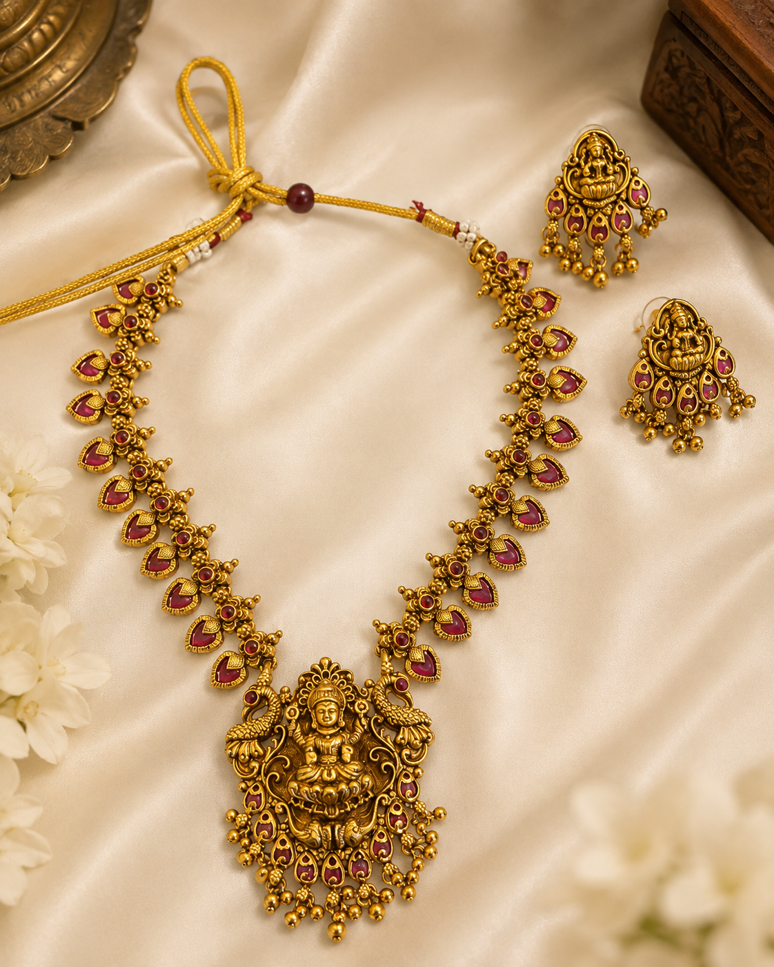 Antique Gold Goddess Lakshmi Peacock  Necklace Set | ONK86