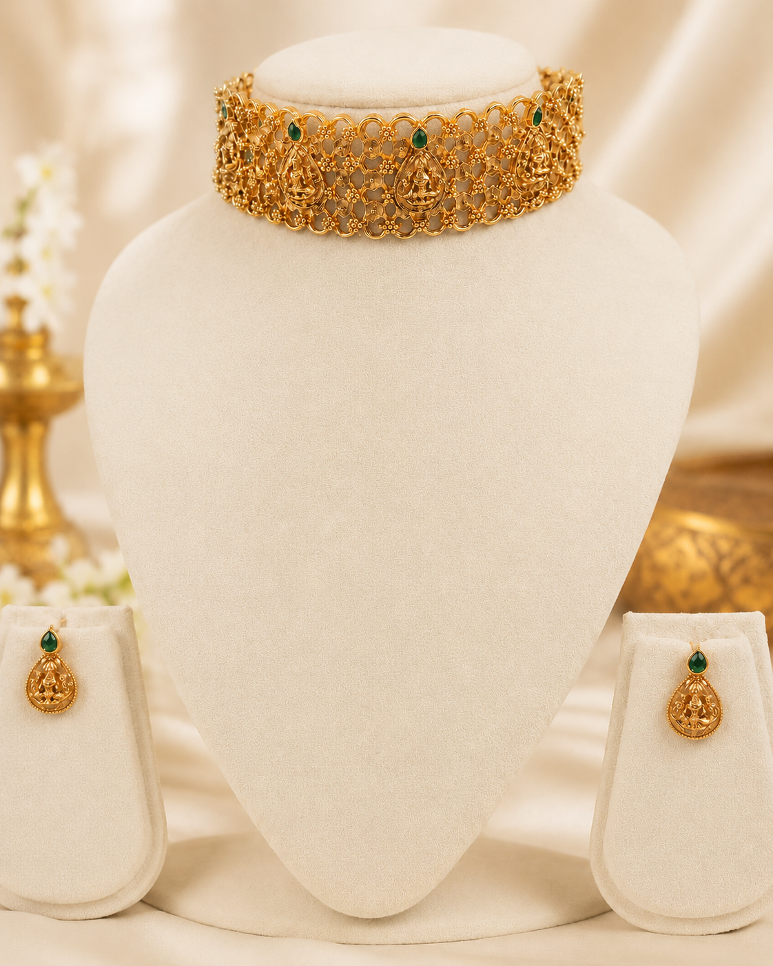 Antique Gold Nakshi Lakshmi Filigree Lattice Wide Choker Necklace Set | OL107
