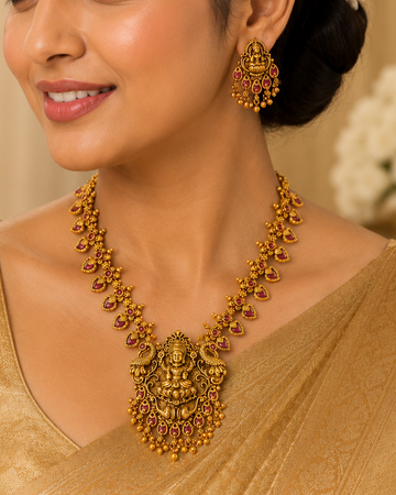 Antique Gold Goddess Lakshmi Peacock  Necklace Set | ONK86