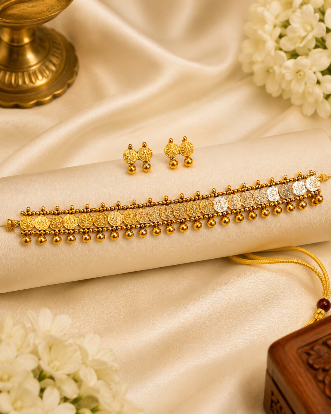 A close-up of a woman wearing a gold coin choker necklace and matching gold dangle earrings, with a warm beige garment and softly blurred background.