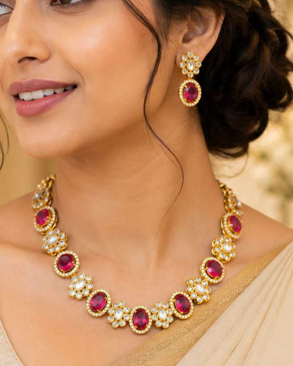 Gold Ruby Oval CZ Halo Kundan Pearl Flower Link Choker Necklace Set | OLT31