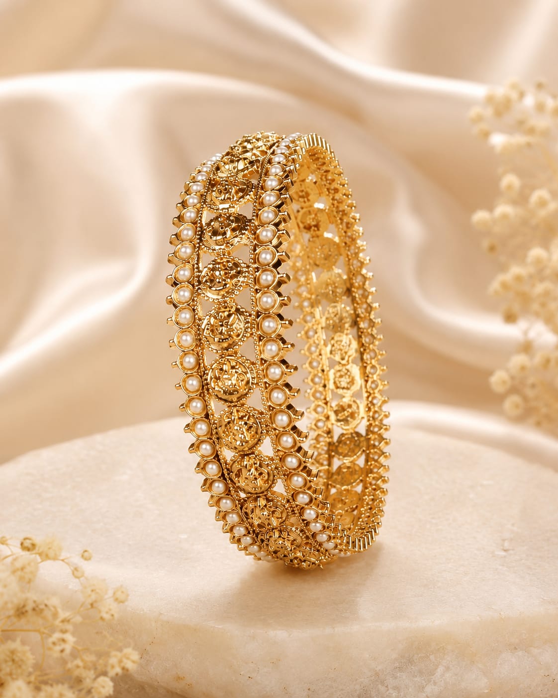 Antique Gold Lakshmi Coin Pearl Cluster Wide Bangle | LV2294