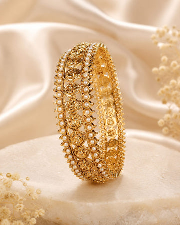 Antique Gold Lakshmi Coin Pearl Cluster Wide Bangle | LV2294