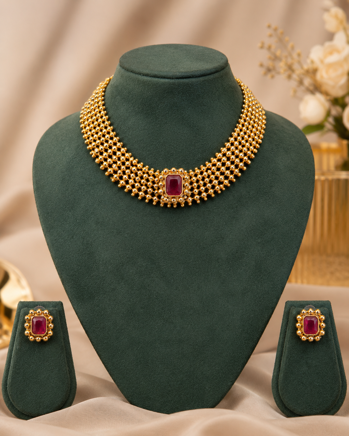 Gold Ruby Multi-Row Ball Choker Necklace Set | ONK27
