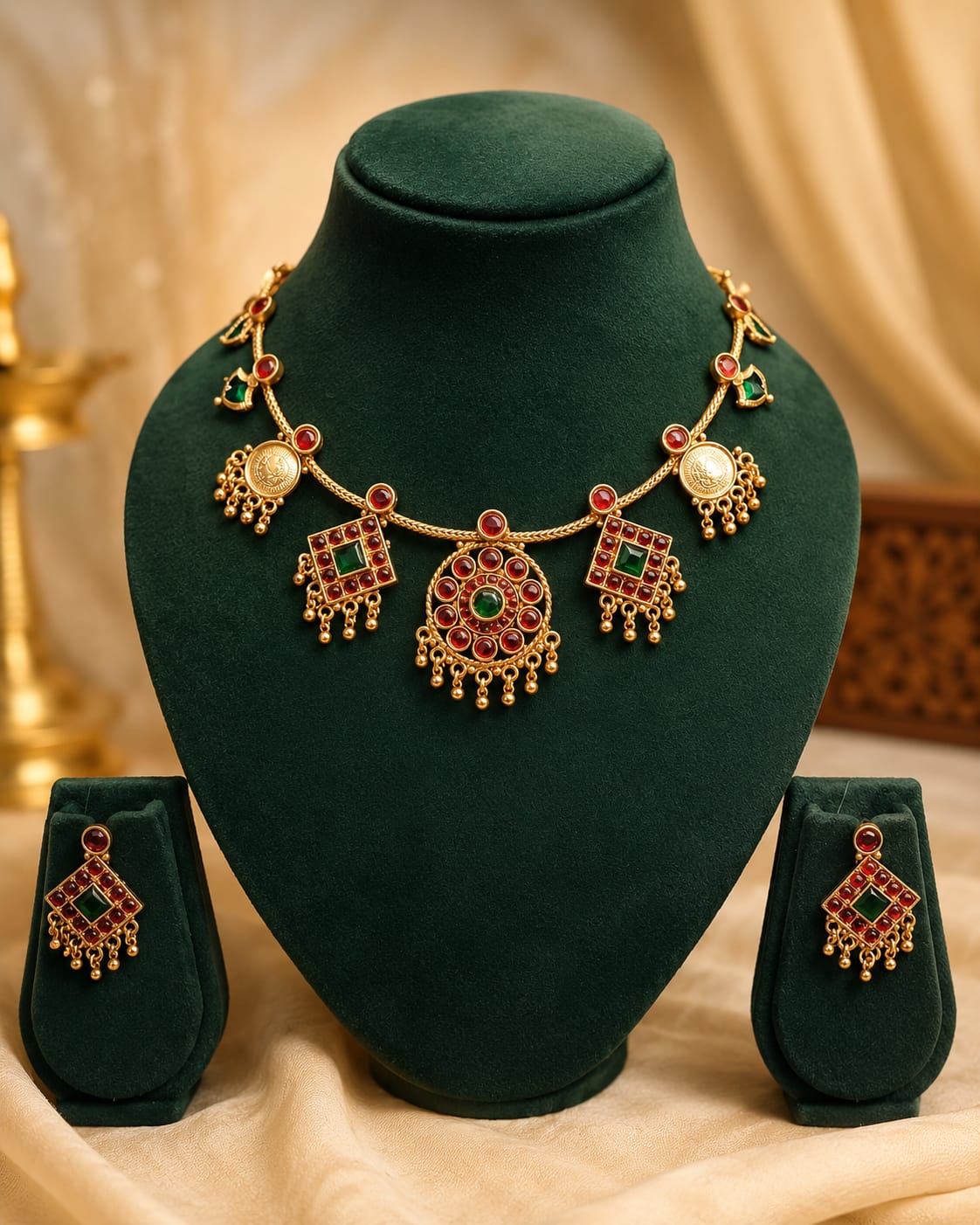 Antique Gold Ruby Emerald Kemp Round Square Pendant Necklace Set | OL86