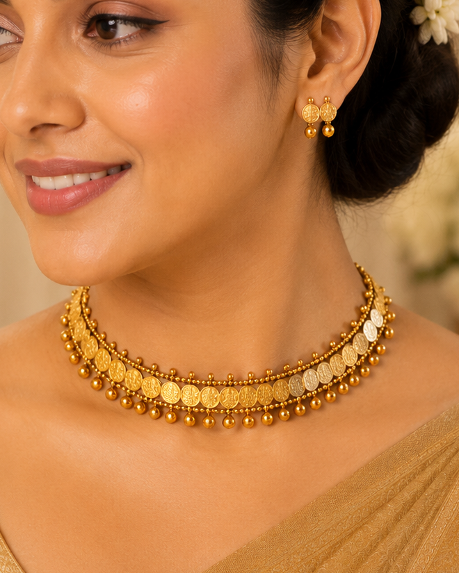 A close-up of a woman wearing a gold coin choker necklace and matching gold dangle earrings, with a warm beige garment and softly blurred background.