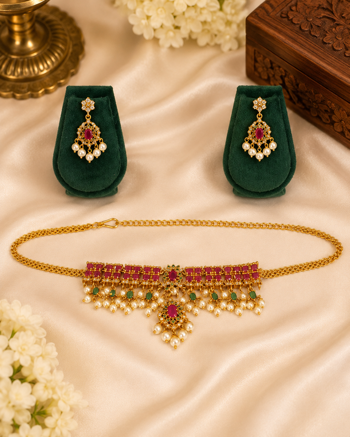 Gold Ruby Square Kemp Emerald CZ Flower Waist Belt Hip Chain with Pearl Fringe | OG9