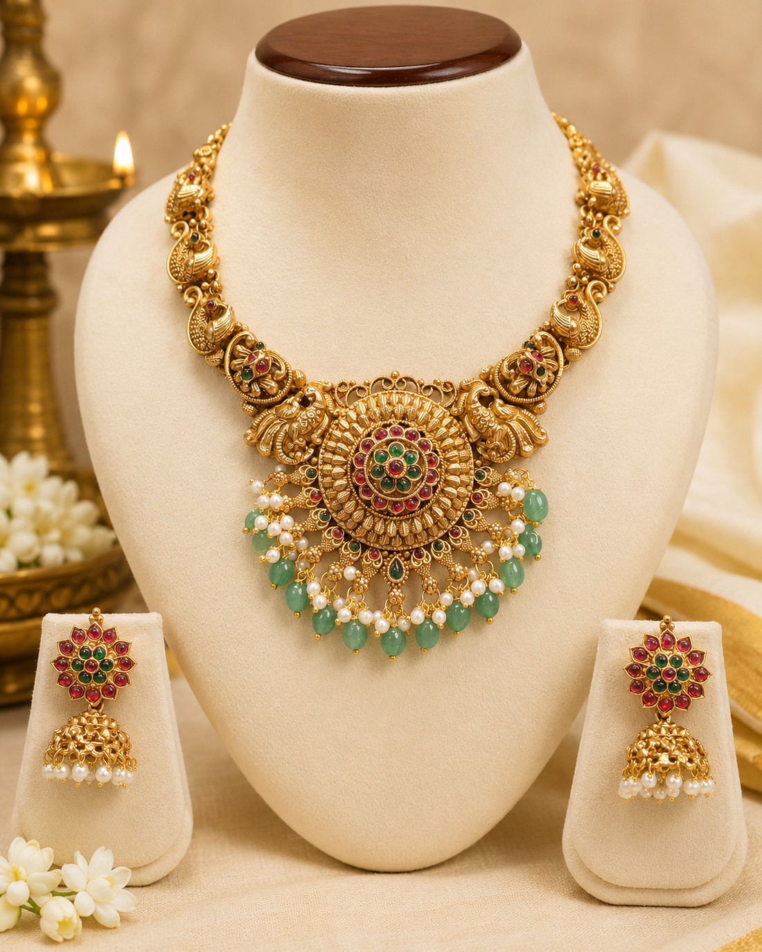 Antique Gold Nakshi Peacock Chain Ruby Emerald Sunburst Pendant Necklace Set | OL105