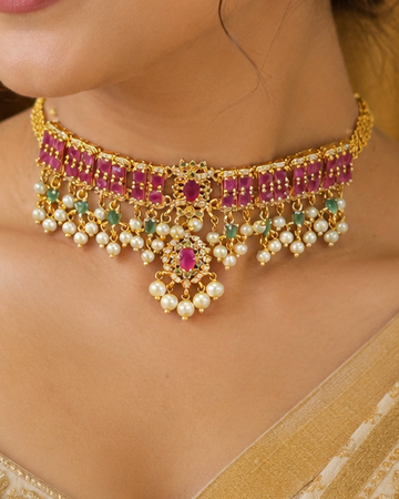 Gold Ruby Square Kemp Emerald CZ Flower Waist Belt Hip Chain with Pearl Fringe | OG9