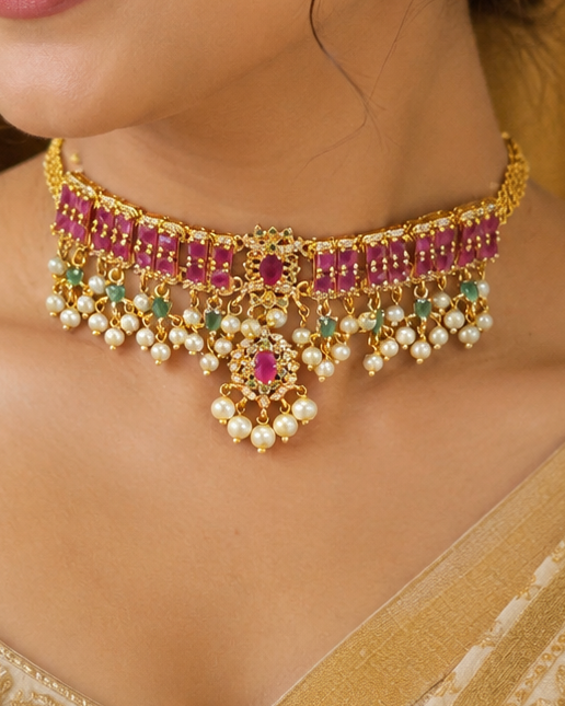 Gold Ruby Square Kemp Emerald CZ Flower Waist Belt Hip Chain with Pearl Fringe | OG9