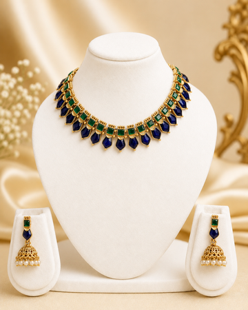 Gold Navy Blue Emerald Green Marquise Stone Fan Choker Necklace Set | OL93/NKT52
