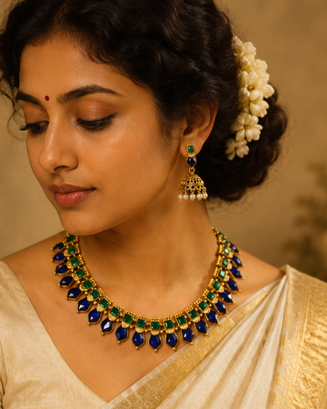 Gold Navy Blue Emerald Green Marquise Stone Fan Choker Necklace Set | OL93