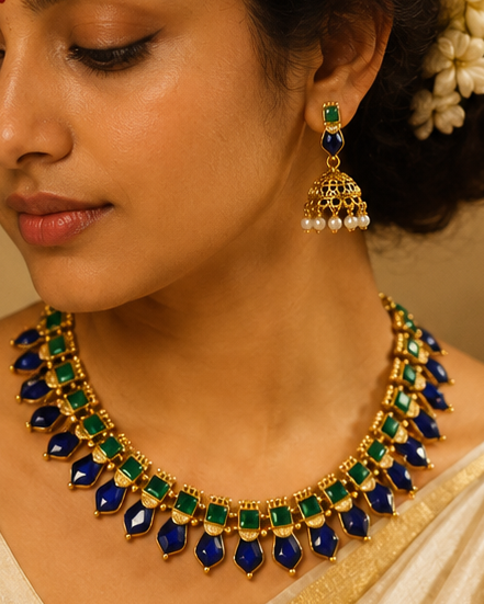 Gold Navy Blue Emerald Green Marquise Stone Fan Choker Necklace Set | OL93/NKT52