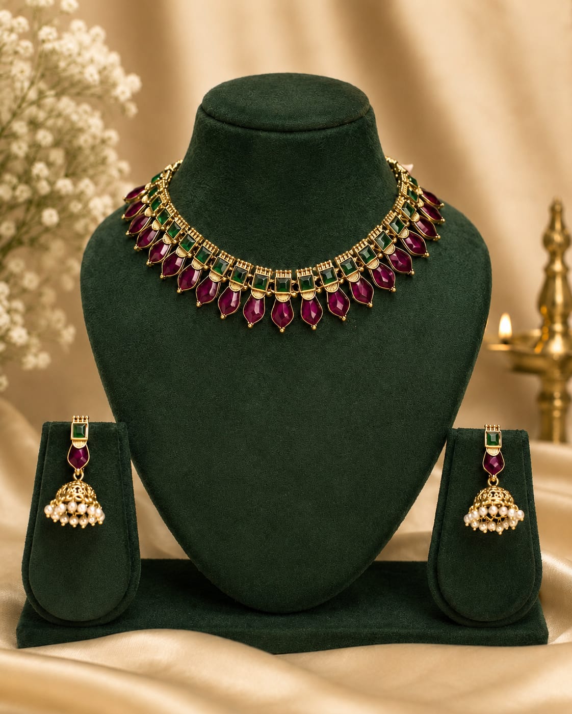 Gold Navy Blue Emerald Green Marquise Stone Fan Choker Necklace Set | OL93