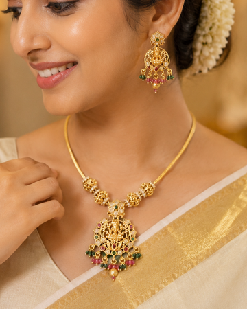 Antique Gold Goddess Lakshmi Polki Chain Necklace Set | OG13