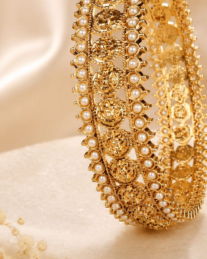 Antique Gold Lakshmi Coin Pearl Cluster Wide Bangle | LV2294