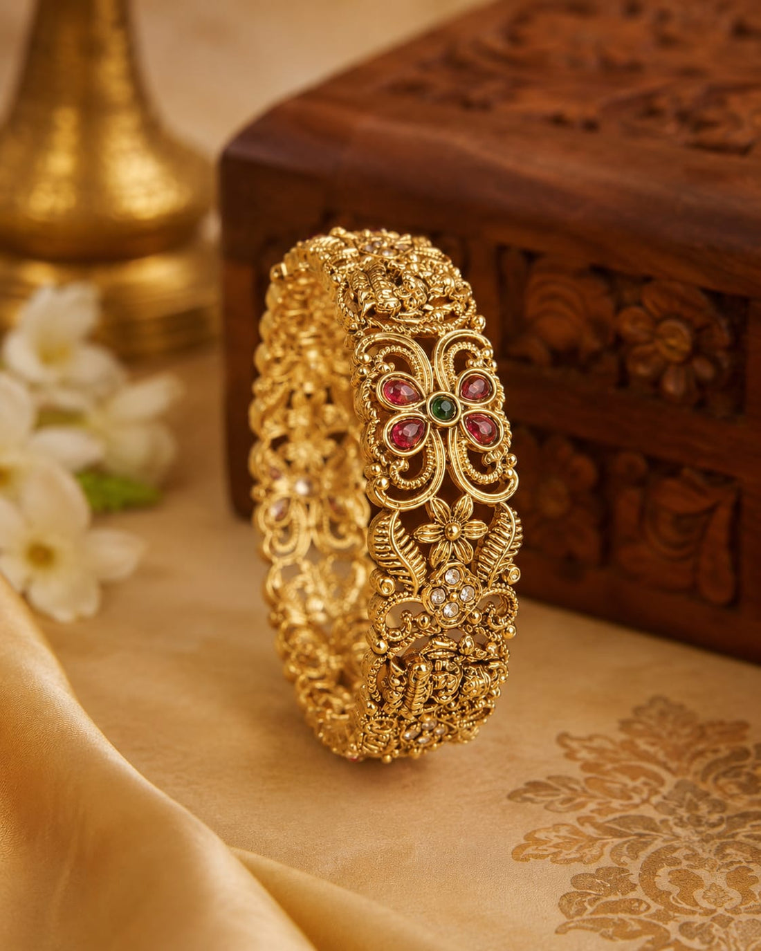 Antique Gold Nakshi Filigree Scroll Ruby Flower CZ Wide Kada Bangle | LV2284