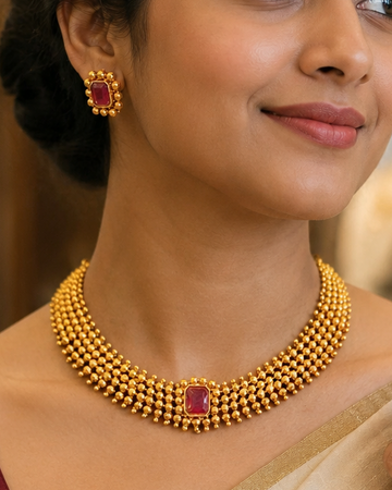 Gold Ruby Multi-Row Ball Choker Necklace Set | ONK27