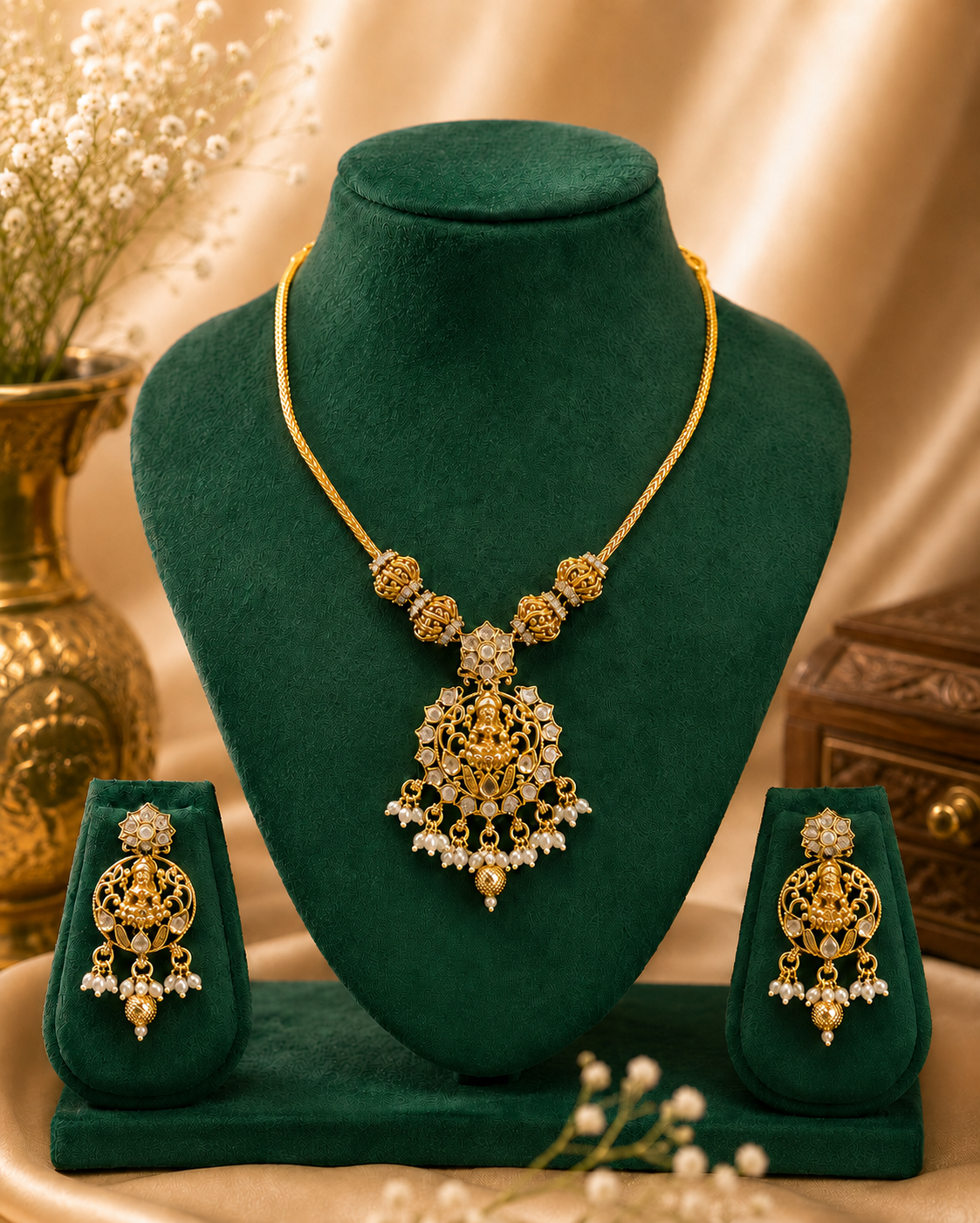 Antique Gold Goddess Lakshmi Polki Chain Necklace Set | OG13