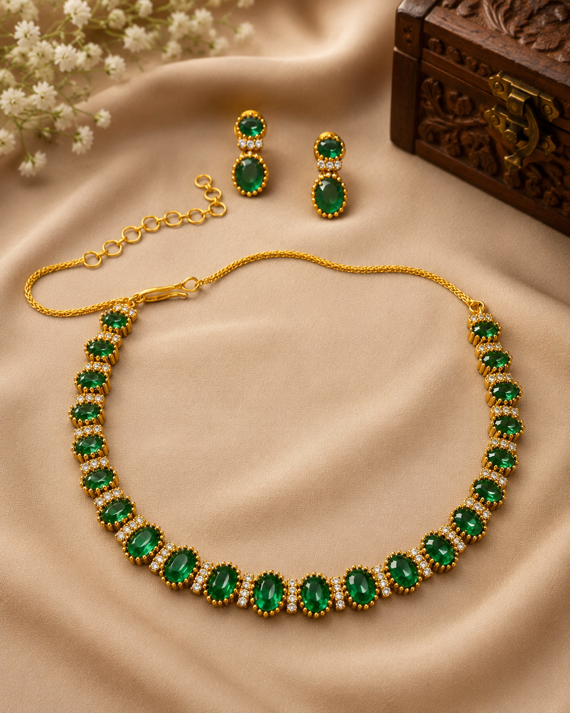 Gold Emerald Oval Cabochon CZ Pave Border Tennis Choker Necklace Set | OL260