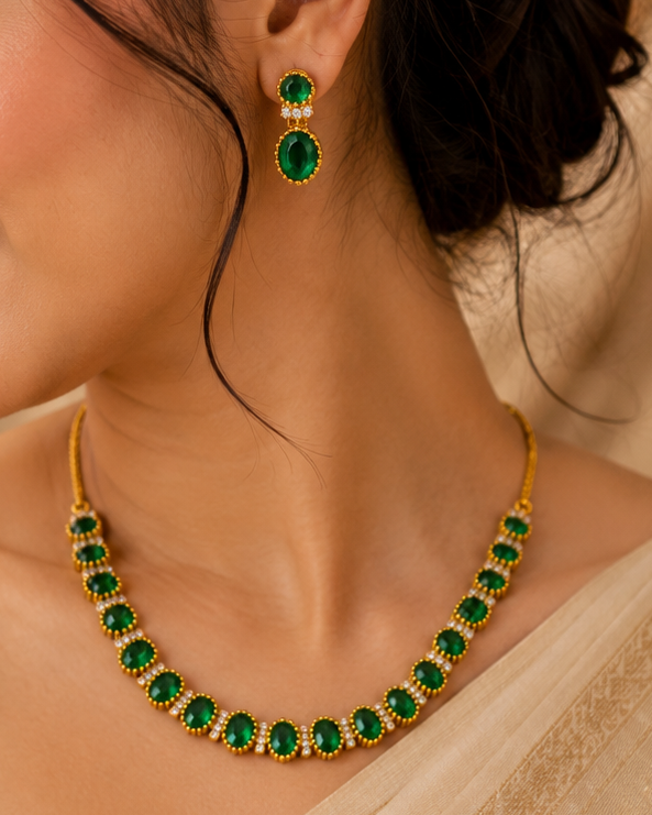Gold Emerald Oval Cabochon CZ Pave Border Tennis Choker Necklace Set | OL260