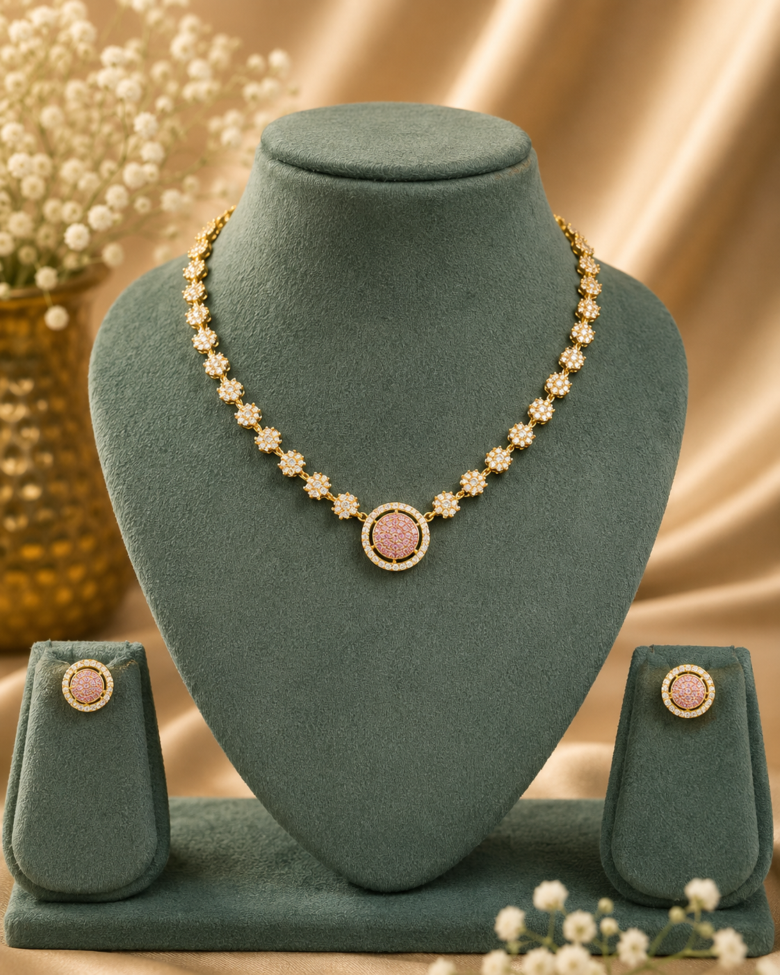 Gold Rose Pink Druzy Round Chain Necklace Set | ONK22