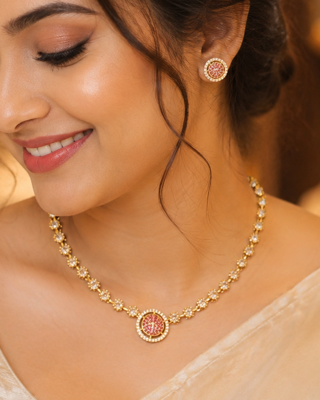 Gold Rose Pink Druzy Round Chain Necklace Set | ONK22
