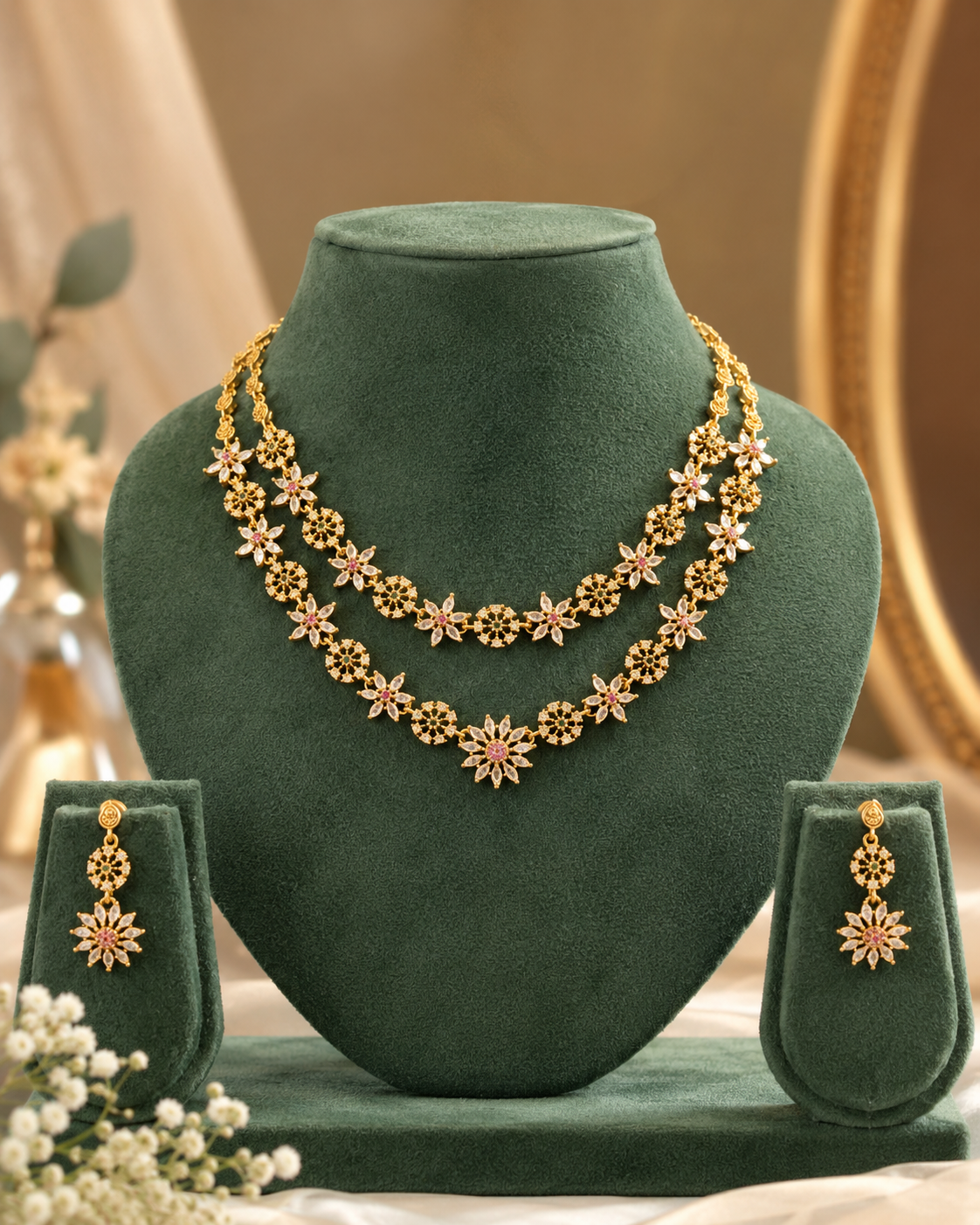 Antique Gold Pink Ruby Daisy Double Layer Necklace Set | ONK24