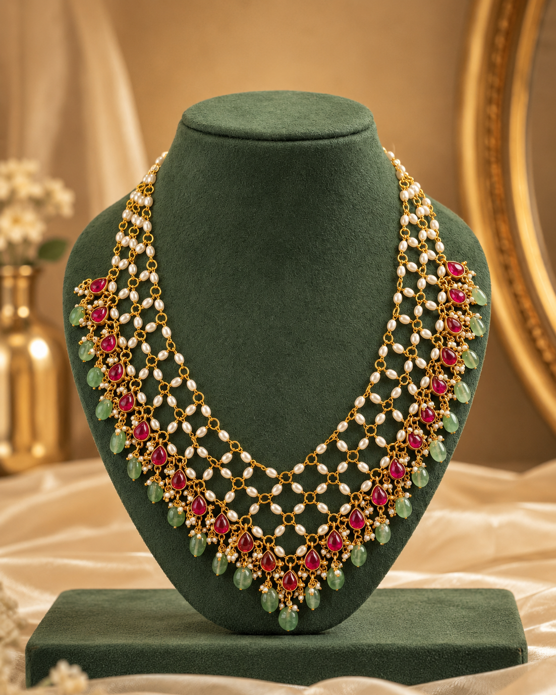 Gold Ruby Kemp Teardrop Seed Pearl Multi-Row Lattice Mesh Grand Necklace | ONK15