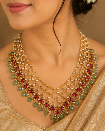 Gold Ruby Kemp Teardrop Seed Pearl Multi-Row Lattice Mesh Grand Necklace | ONK15
