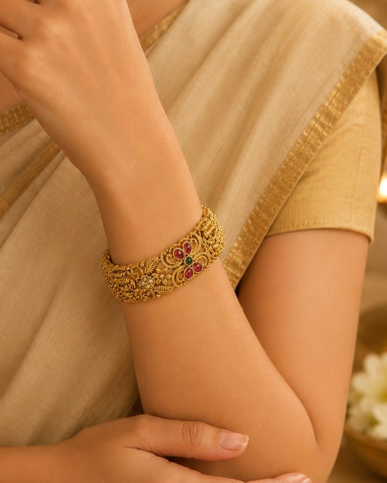 Antique Gold Nakshi Filigree Scroll Ruby Flower CZ Wide Kada Bangle | LV2284
